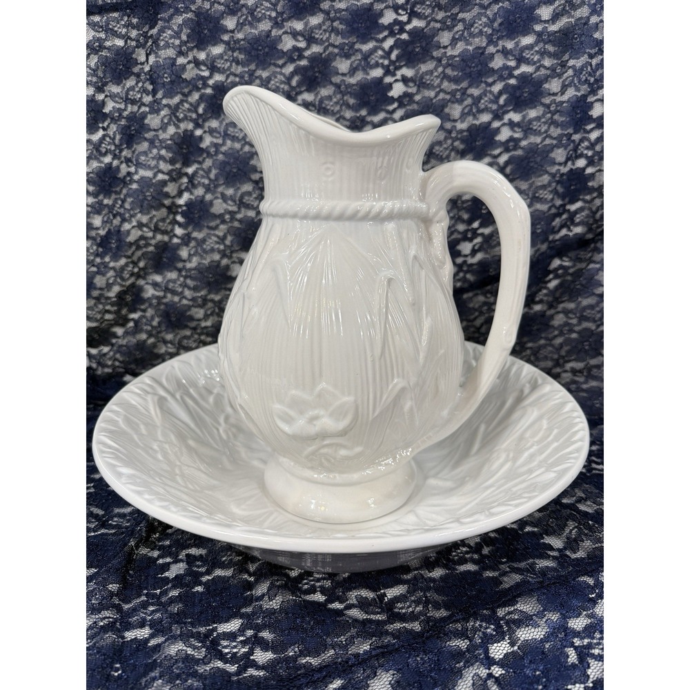 Vintage Ceramic Pitcher And Wash Basin Bowl Set Floral Cattail White Large Size